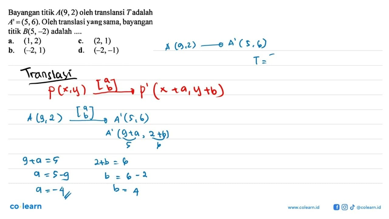 Bayangan titik A(9,2) oleh translansi T adalah A'=(5,6).