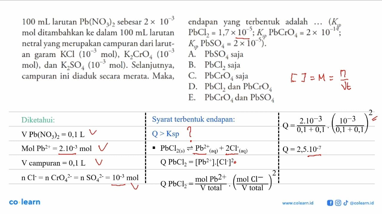 100 mL larutan Pb(NO3)2 sebesar 2 x 10^(-3) mol ditambahkan