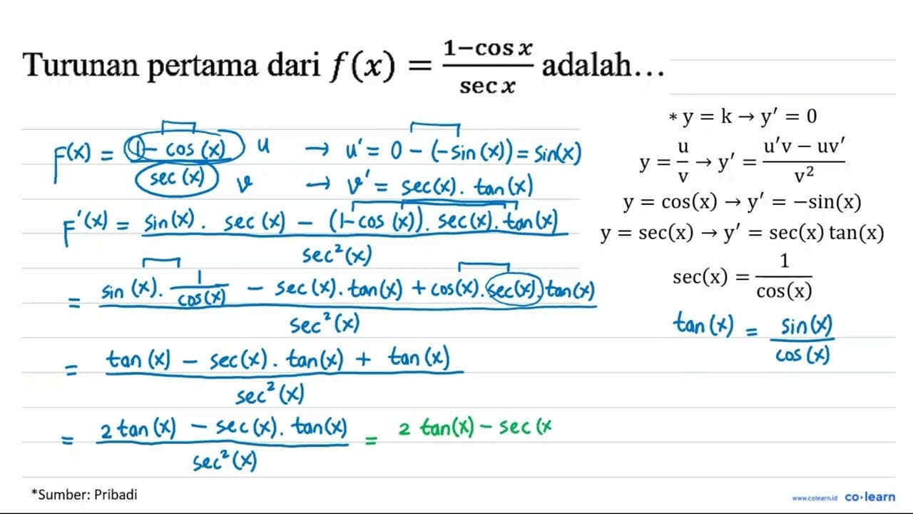 Turunan pertama dari f(x)=(1 - cos x)/sec x adalah...