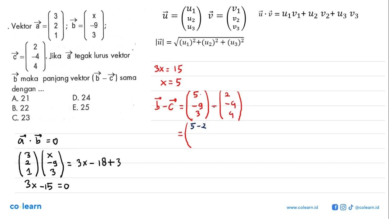 Vektor a=(3 2 1) ; vektor b=(x -9 3); vektor c=(2 -4 4) .