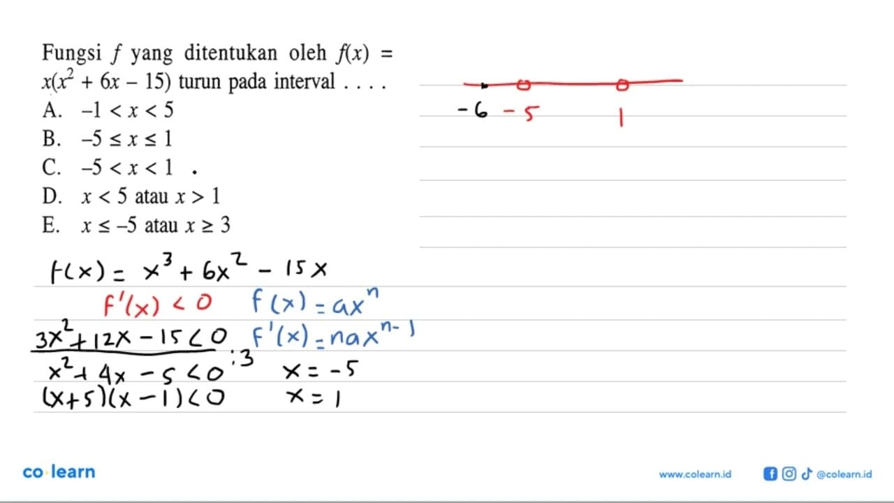 Fungsi f yang ditentukan oleh f(x) = x(x^2 + 6x - 15) turun