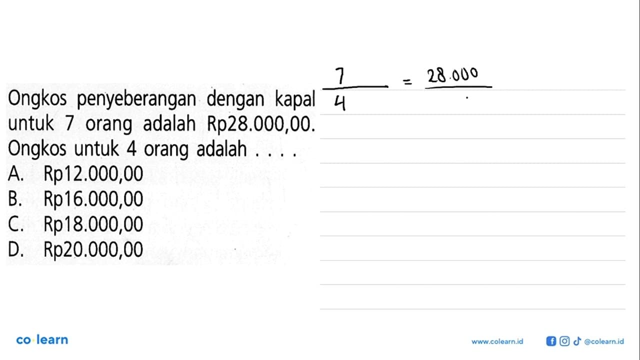 Ongkos penyeberangan dengan kapal untuk 7 orang adalah