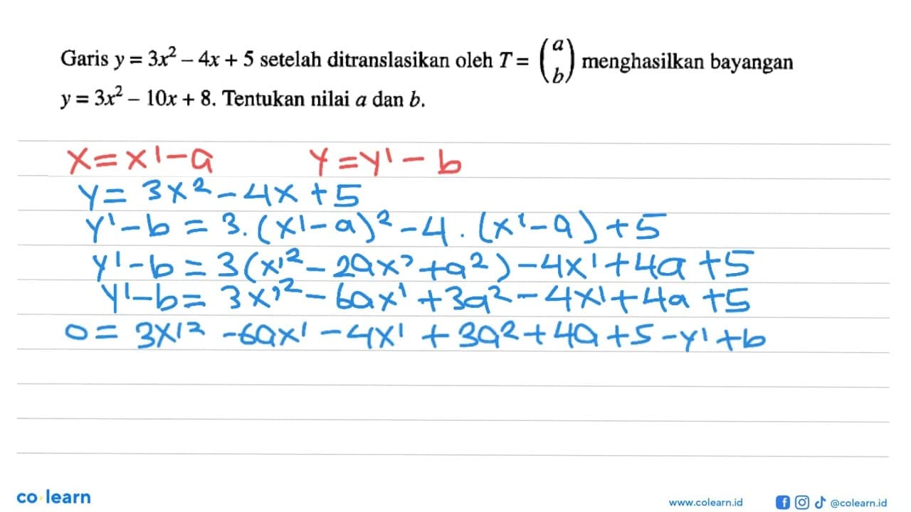 Garis y=3x^2-4x+5 setelah ditranslasikan oleh T=(a b)