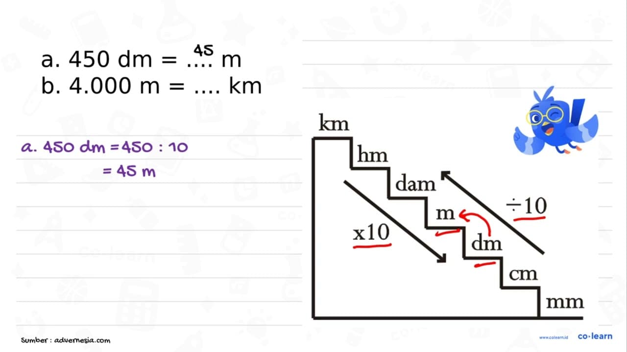 a. 450 dm=... m b. 4.000 m=... km