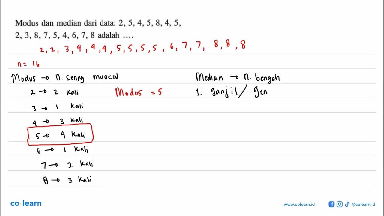 Modus dan median dari data: 2,5,4,5,8,4,5,2,3,8,7,5,4,6,7,8