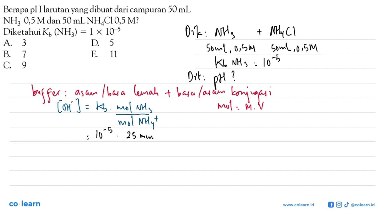 Berapa pH larutan yang dibuat dari campuran 50 mL NH3 0,5 M