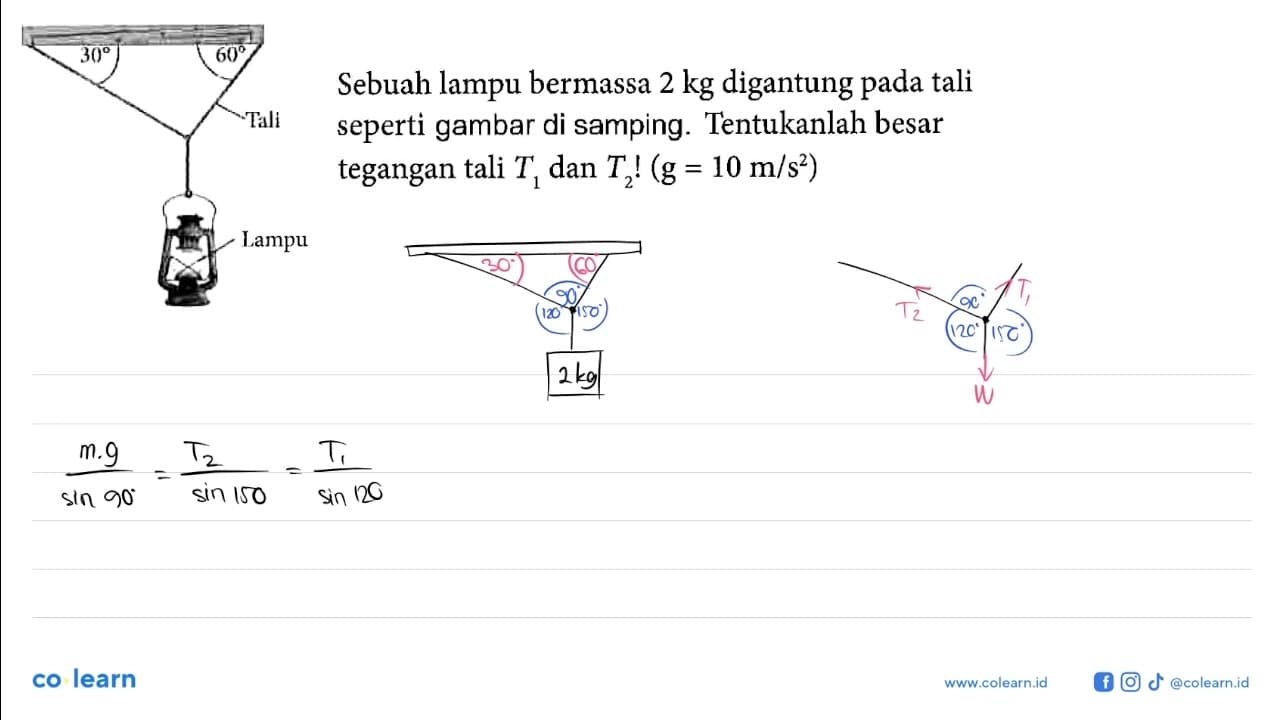 Sebuah lampu bermassa 2 kg digantung pada tali seperti