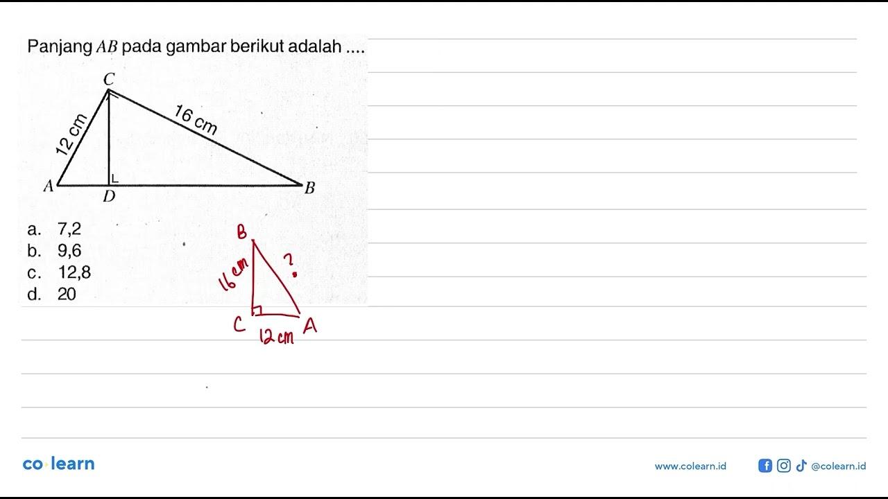 Panjang A B pada gambar berikut adalah .... C 12 cm A D 16