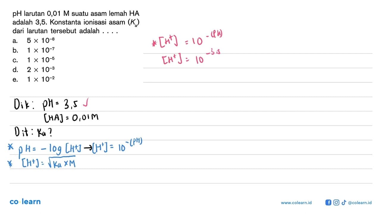 pH larutan 0,01 M suatu asam lemah HA adalah 3,5. Konstanta