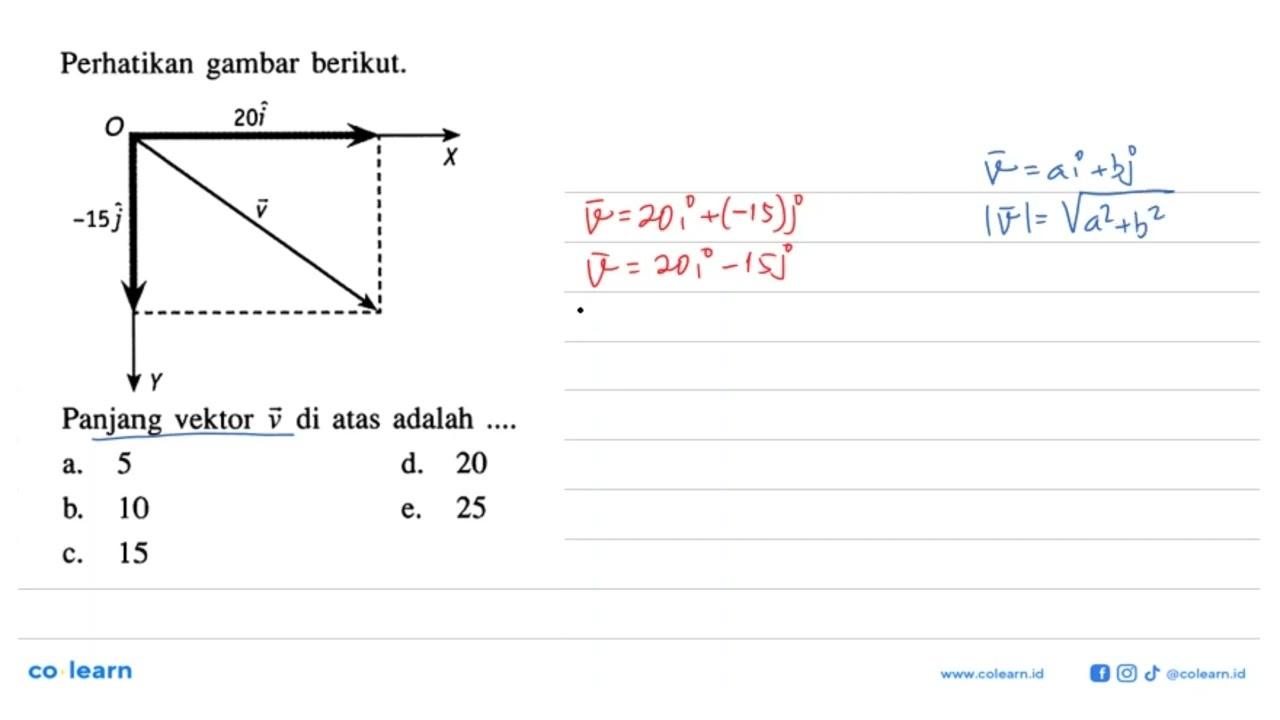 Perhatikan gambar berikut. O 20i X -15j vektor v Y Panjang