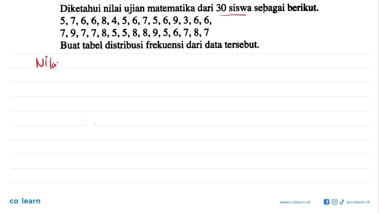 Diketahui nilai ujian matematika dari 30 siswa sebagai