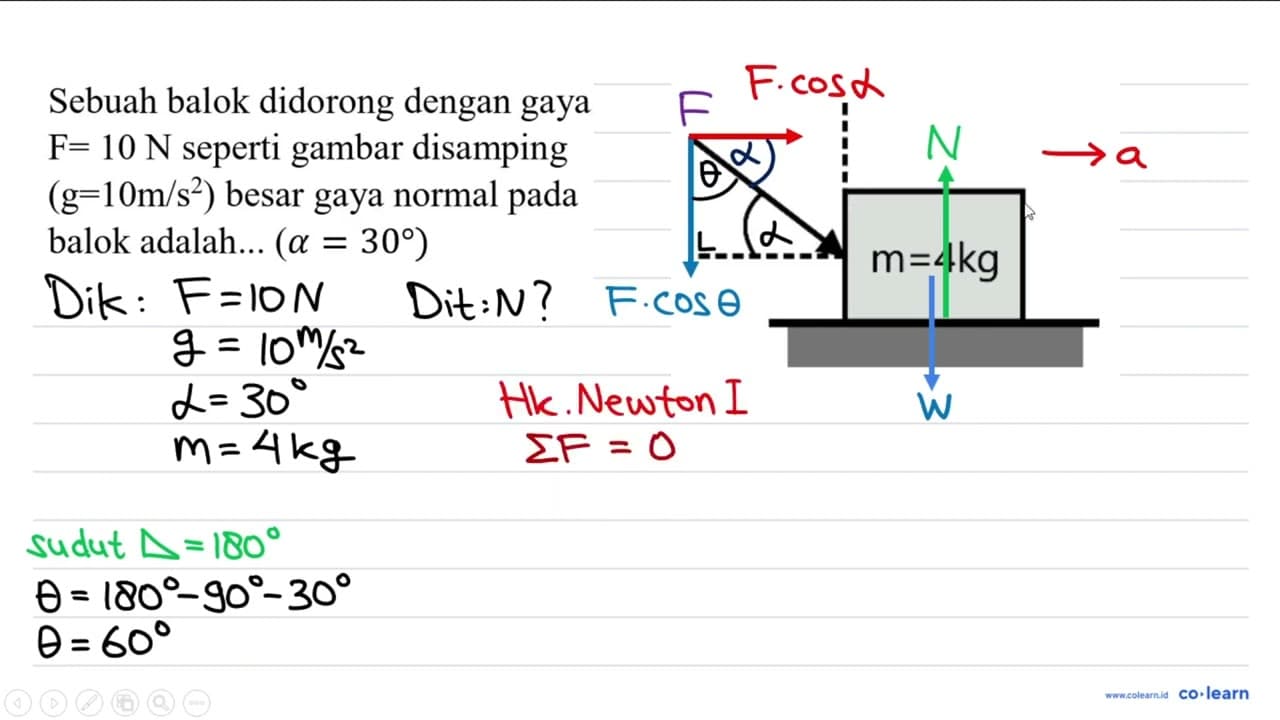 Sebuah balok didorong dengan gaya F=10 N seperti gambar