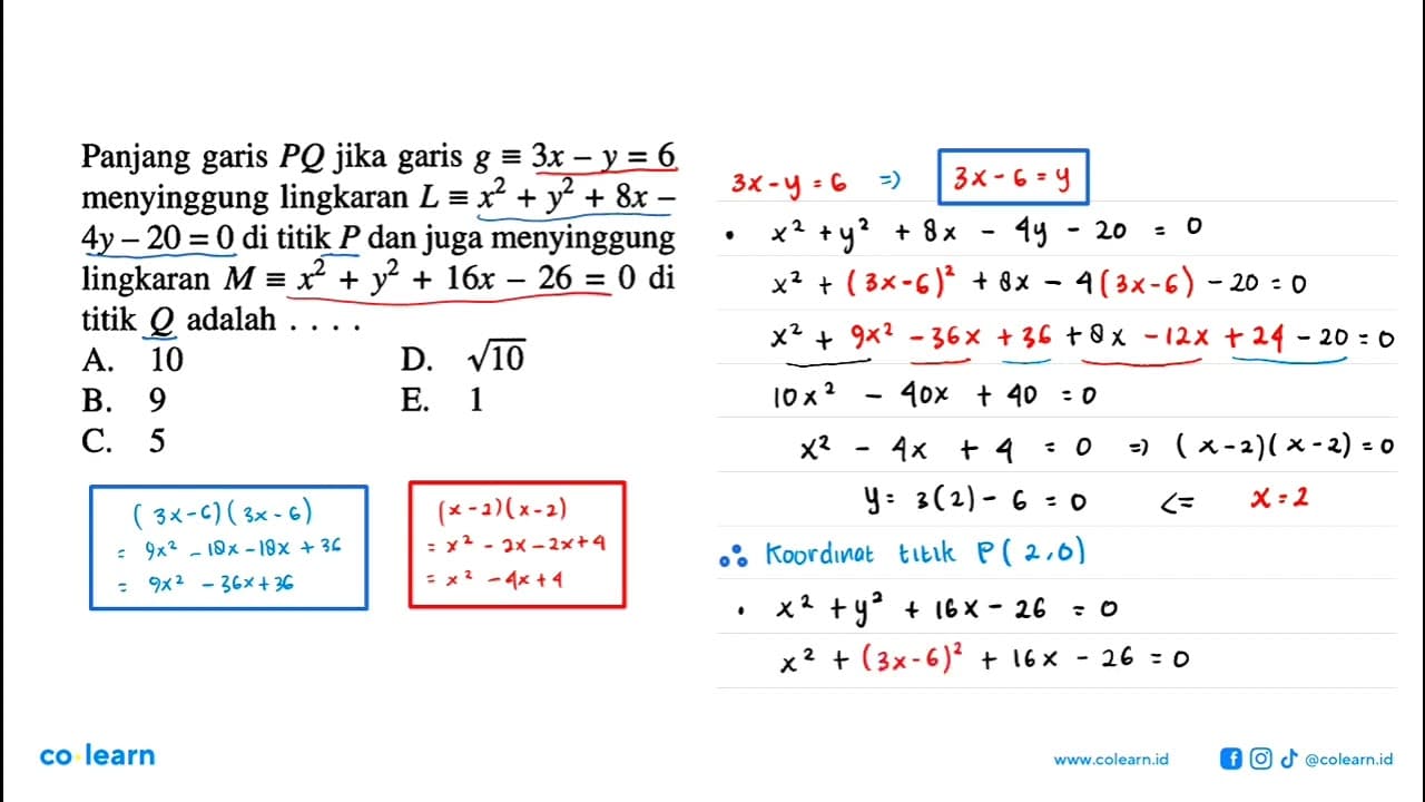 Panjang garis PQ jika garis g ekuivalen 3x-y=6 menyinggung