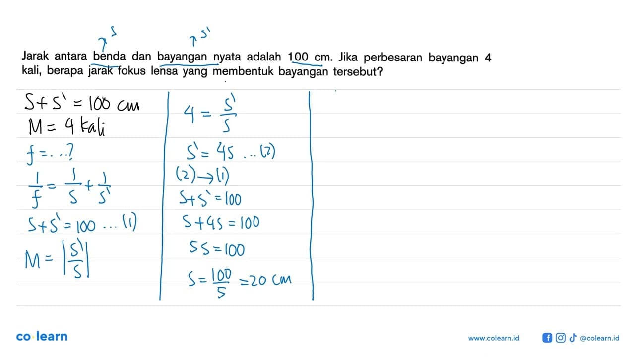 Jarak antara benda dan bayangan nyata adalah 100 cm. Jika