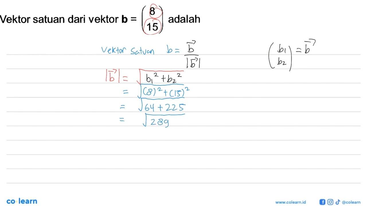 Vektor satuan dari vektor b=(8 15) adalah