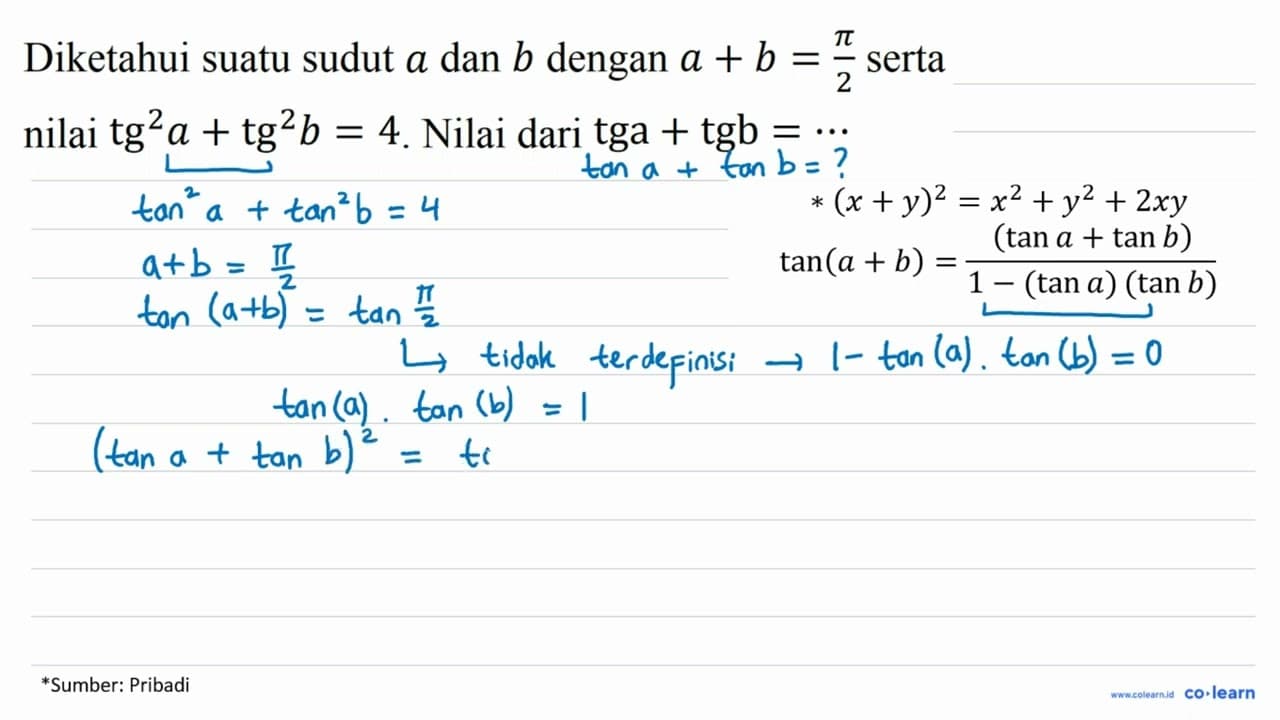 Diketahui suatu sudut a dan b dengan a + b =pi/2 serta