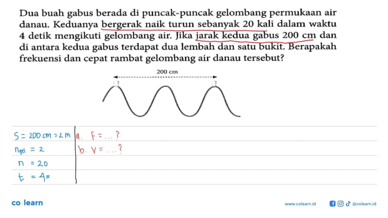 Dua buah gabus berada di puncak-puncak gelombang permukaan