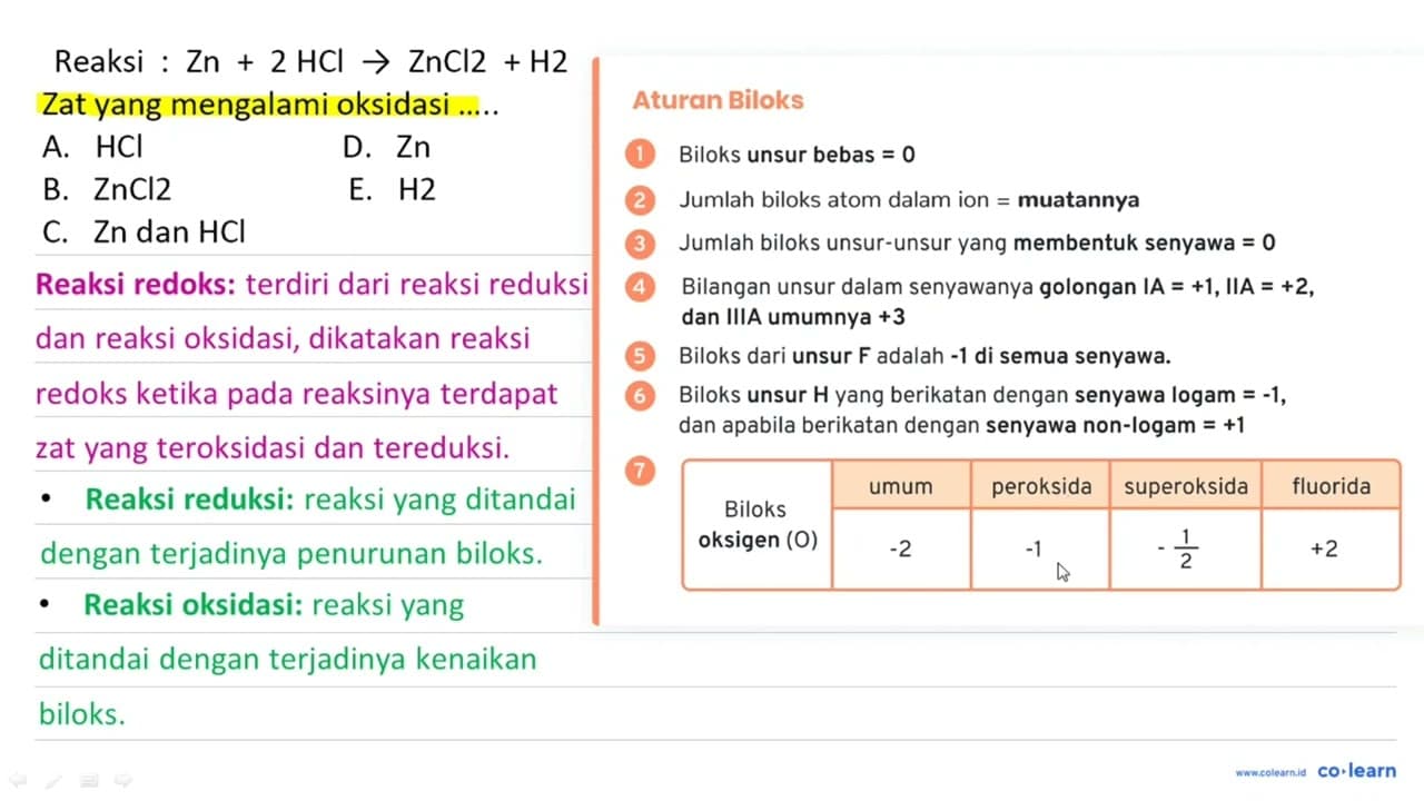 Reaksi : Zn+2 HCl -> ZnCl 2+H 2 Zat yang mengalami oksidasi