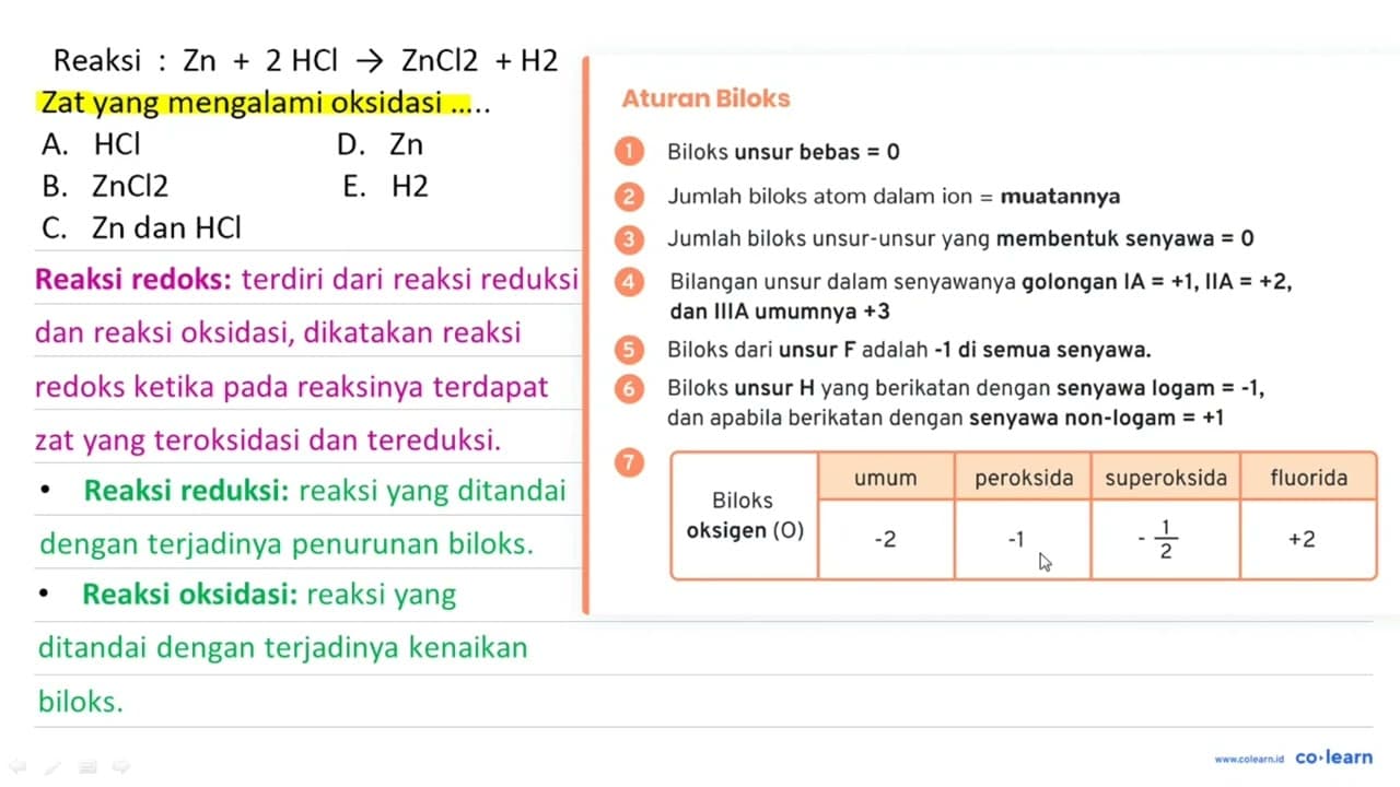 Reaksi : Zn+2 HCl -> ZnCl 2+H 2 Zat yang mengalami oksidasi