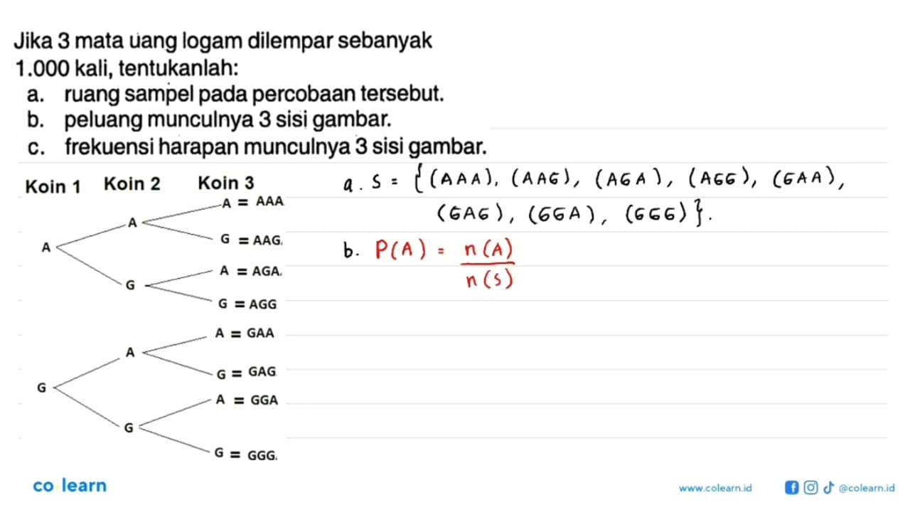 Jika 3 mata uang logam dilempar sebanyak 1.000 kali,