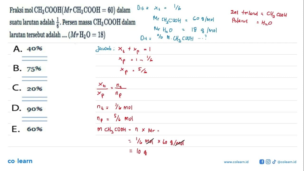 Fraksi mol CH3COOH (Mr CH3COOH=60) dalam suatu larutan