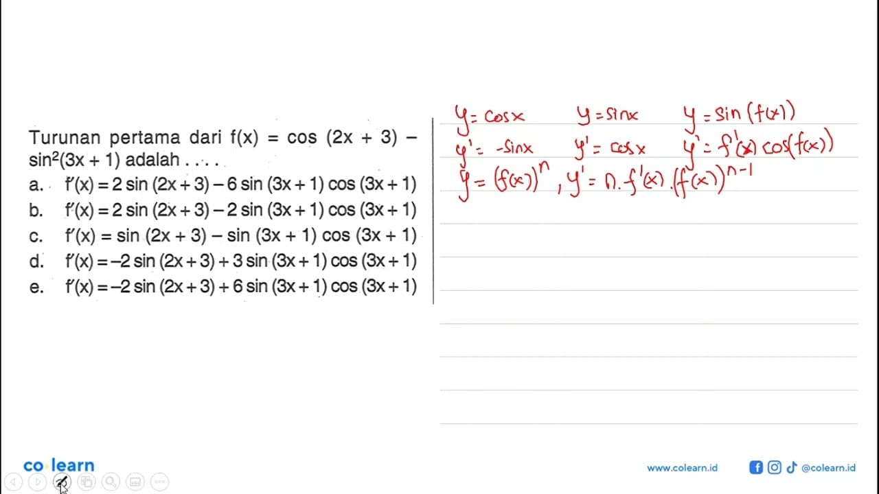 Turunan pertama dari f(x)=cos (2x+3)-5 sin^2(3x+1)