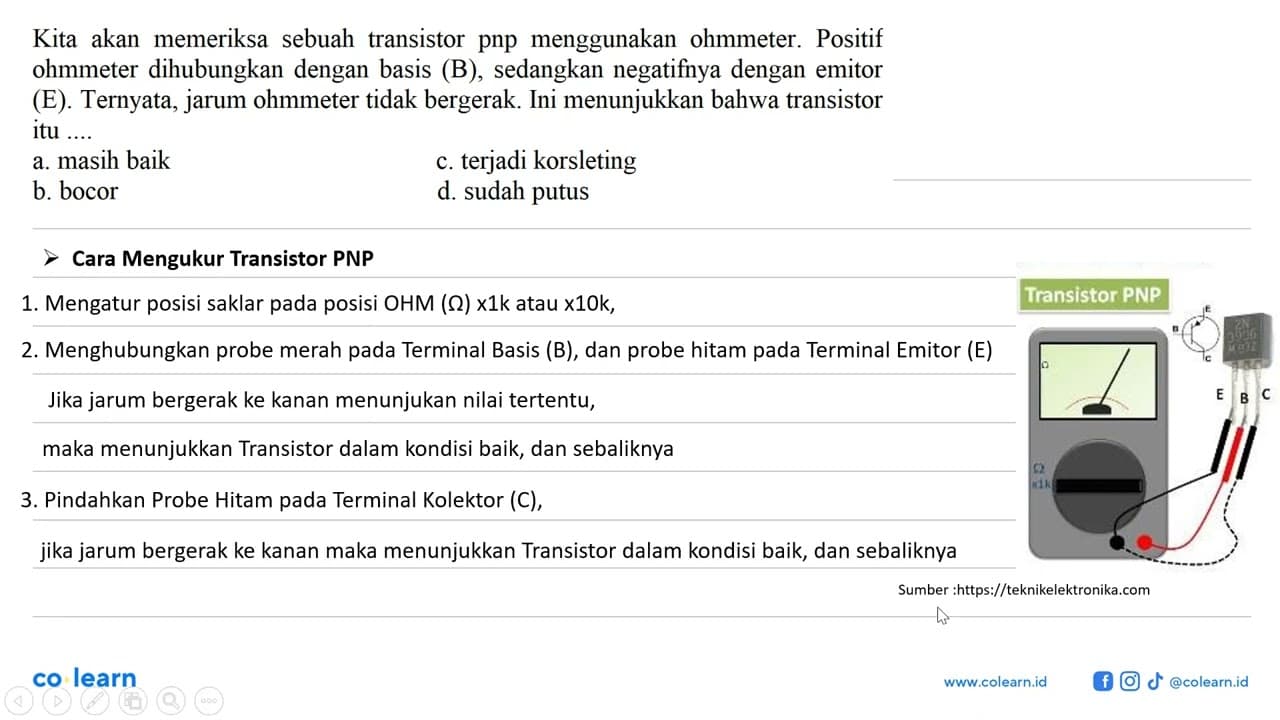 Kita akan memeriksa sebuah transistor pnp menggunakan