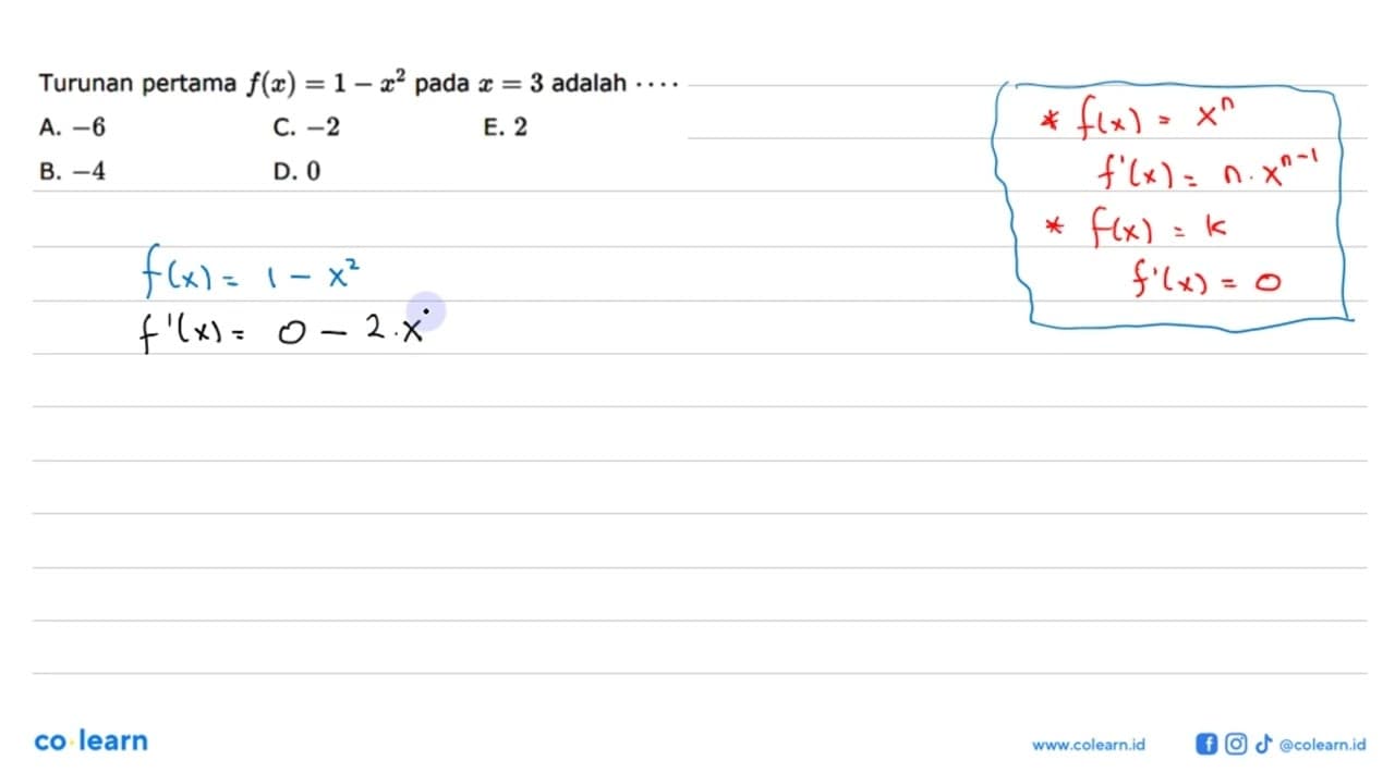 Turunan pertama f(x)=1-x^2 pada x=3 adalah....