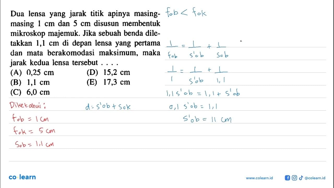 Dua lensa yang jarak titik apinya masingmasing 1 cm dan 5