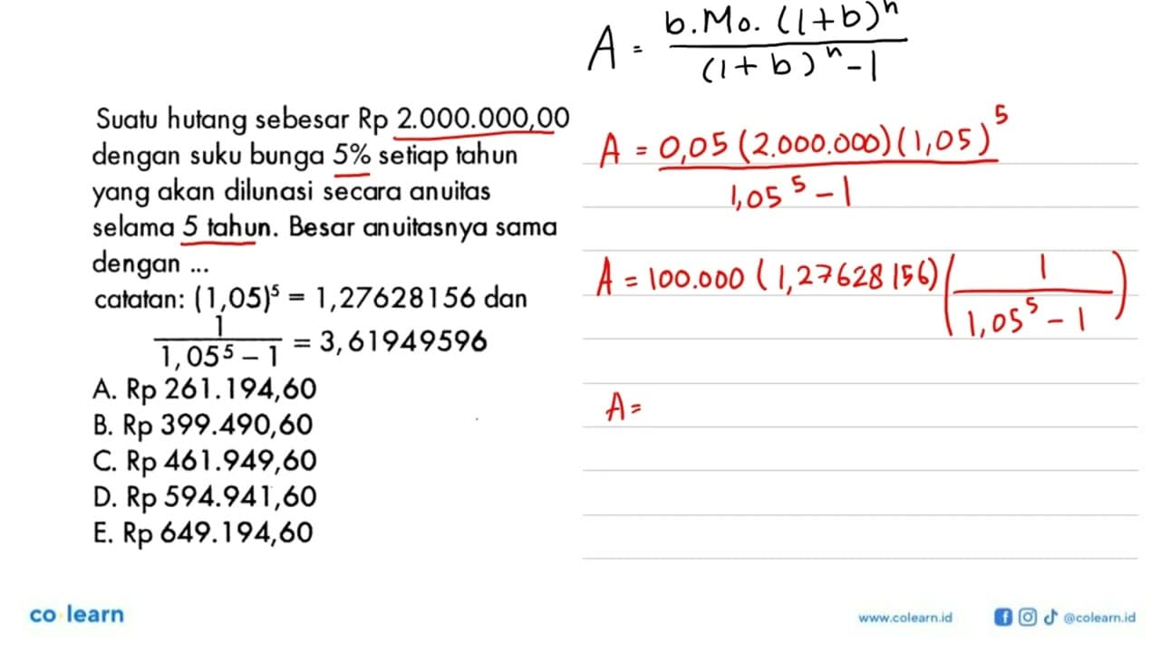 Suatu hutang sebesar Rp 2.000.000,00 dengan suku bunga 5%