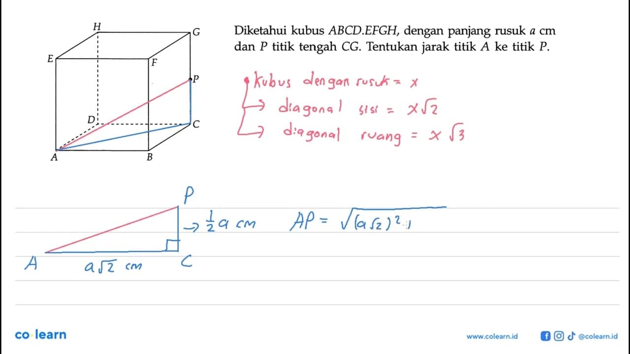 Diketahui kubus ABCD.EFGH, dengan panjang rusuk a cm dan P