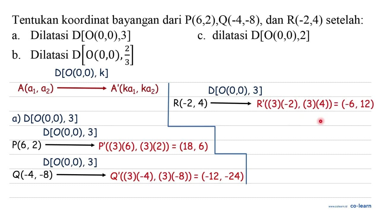 Tentukan koordinat bayangan dari P(6,2), Q(-4,-8), dan