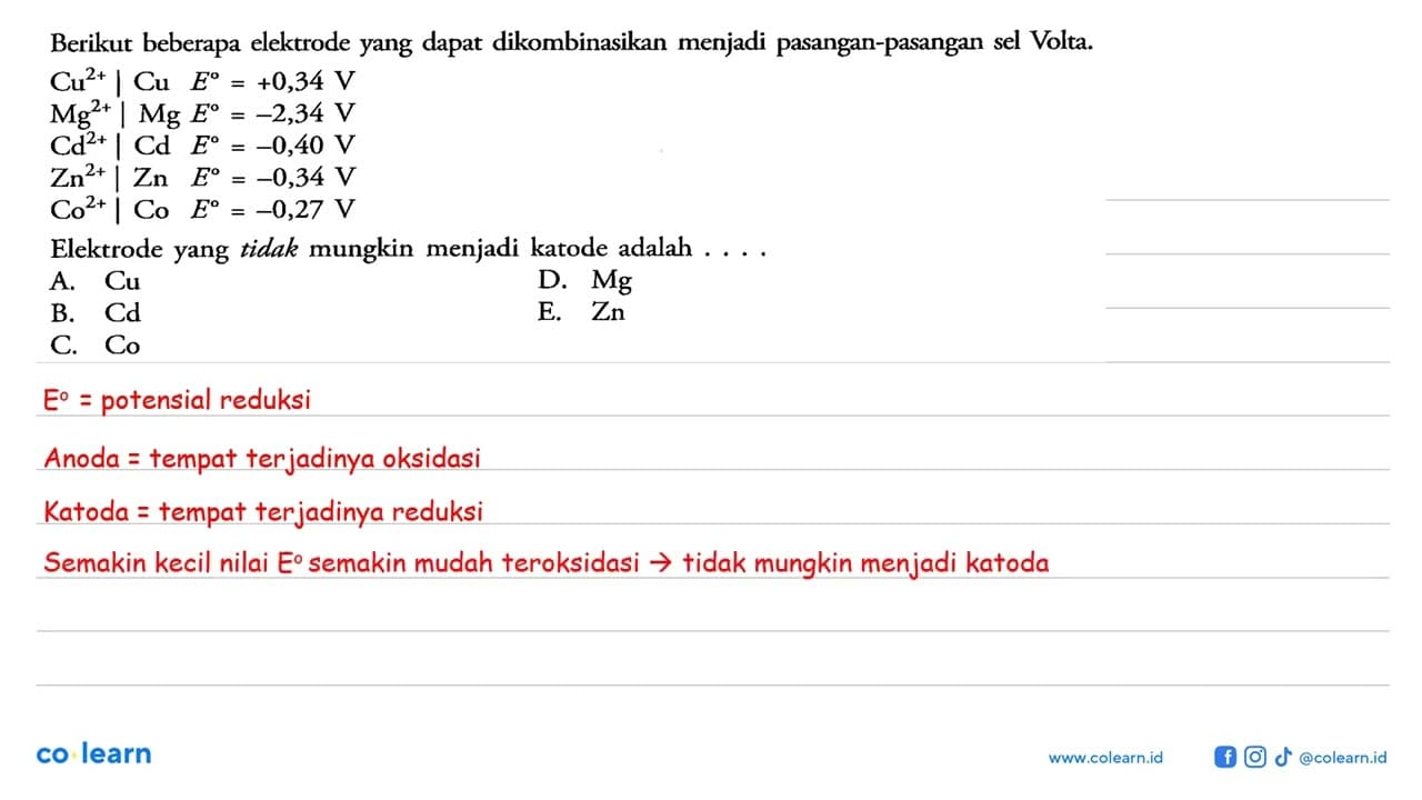 Berikut beberapa elektrode yang dapat dikombinasikan