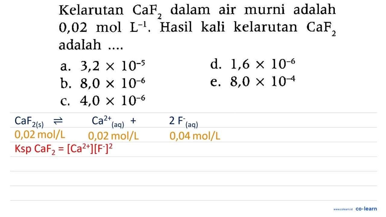 Kelarutan CaF2 dalam air murni adalah 0,02 mol L^-1. Hasil