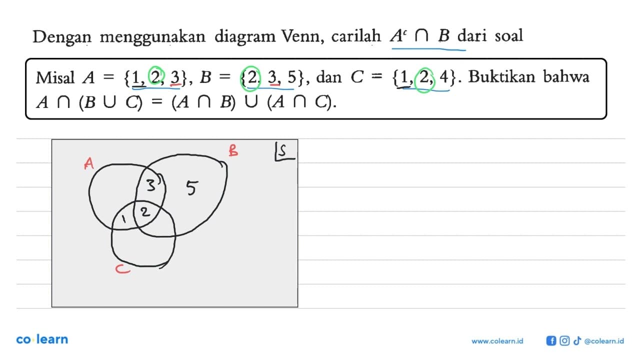 Dengan menggunakan diagram Venn, carilah A' n B dari soal