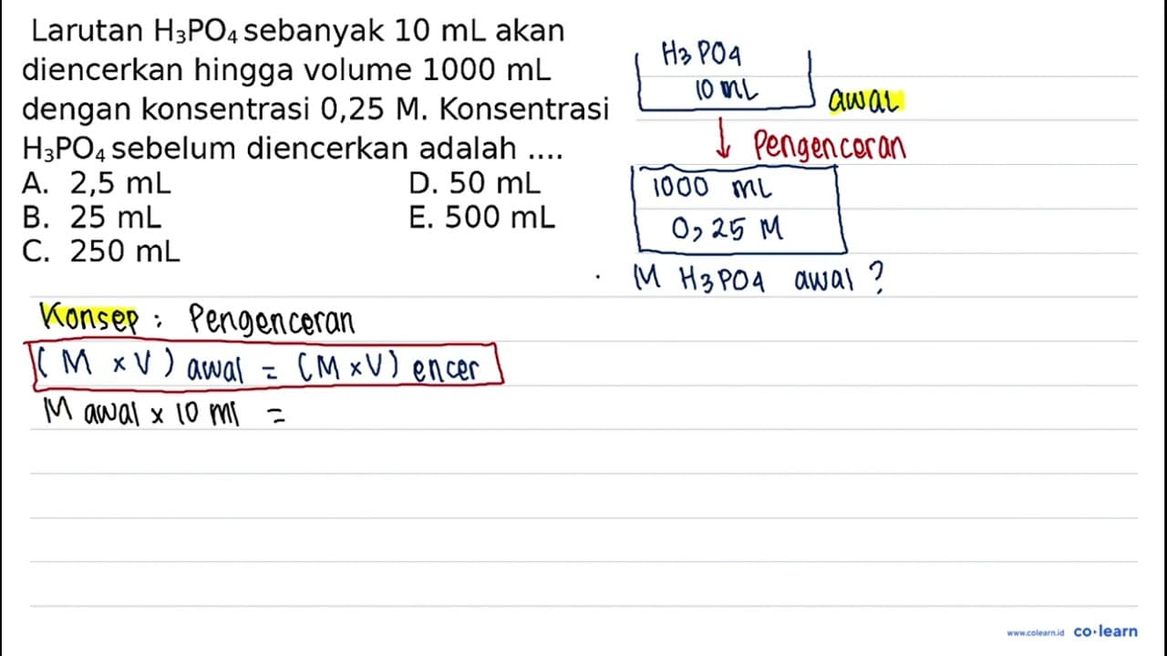 Larutan H_(3) PO_(4) sebanyak 10 ~mL akan diencerkan hingga