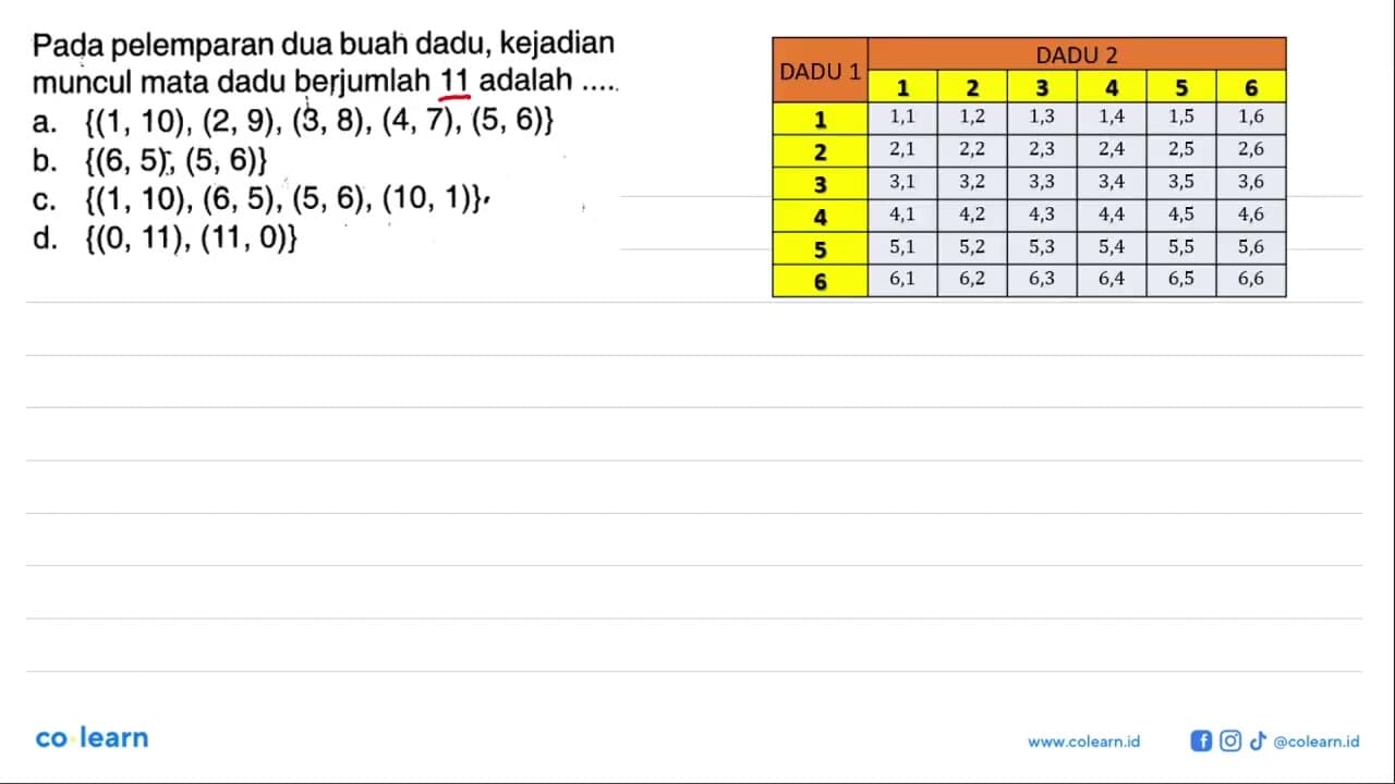 Pada pelemparan dua buah dadu, kejadian muncul mata dadu