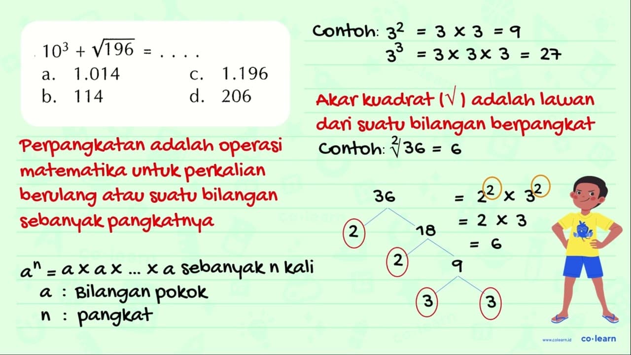 10^3 + akar(196)=...