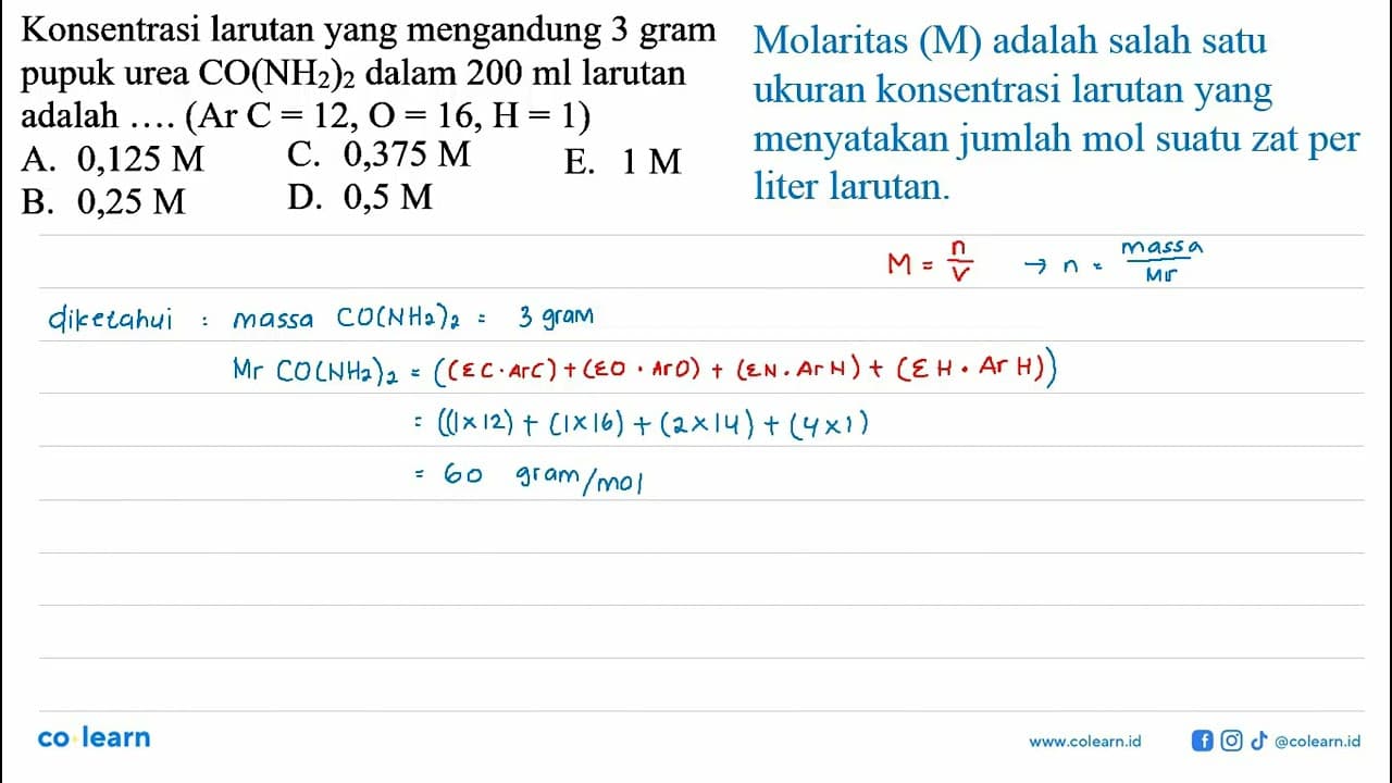 Konsentrasi larutan yang mengandung 3 gram pupuk urea