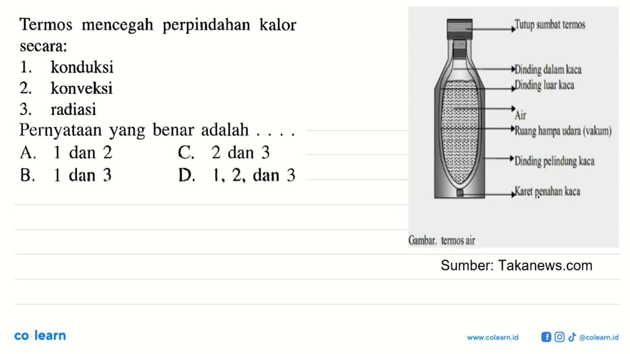 Termos mencegah perpindahan kalor secara: 1. konduksi 2.