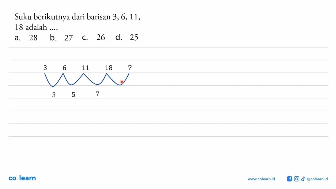 Suku berikutnya dari barisan 3,6, 11, 18 adalah