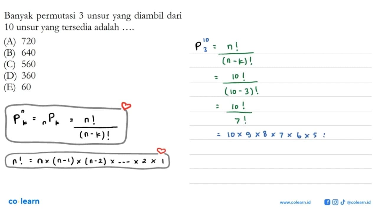 Banyak permutasi 3 unsur yang diambil dari 10 unsur yang