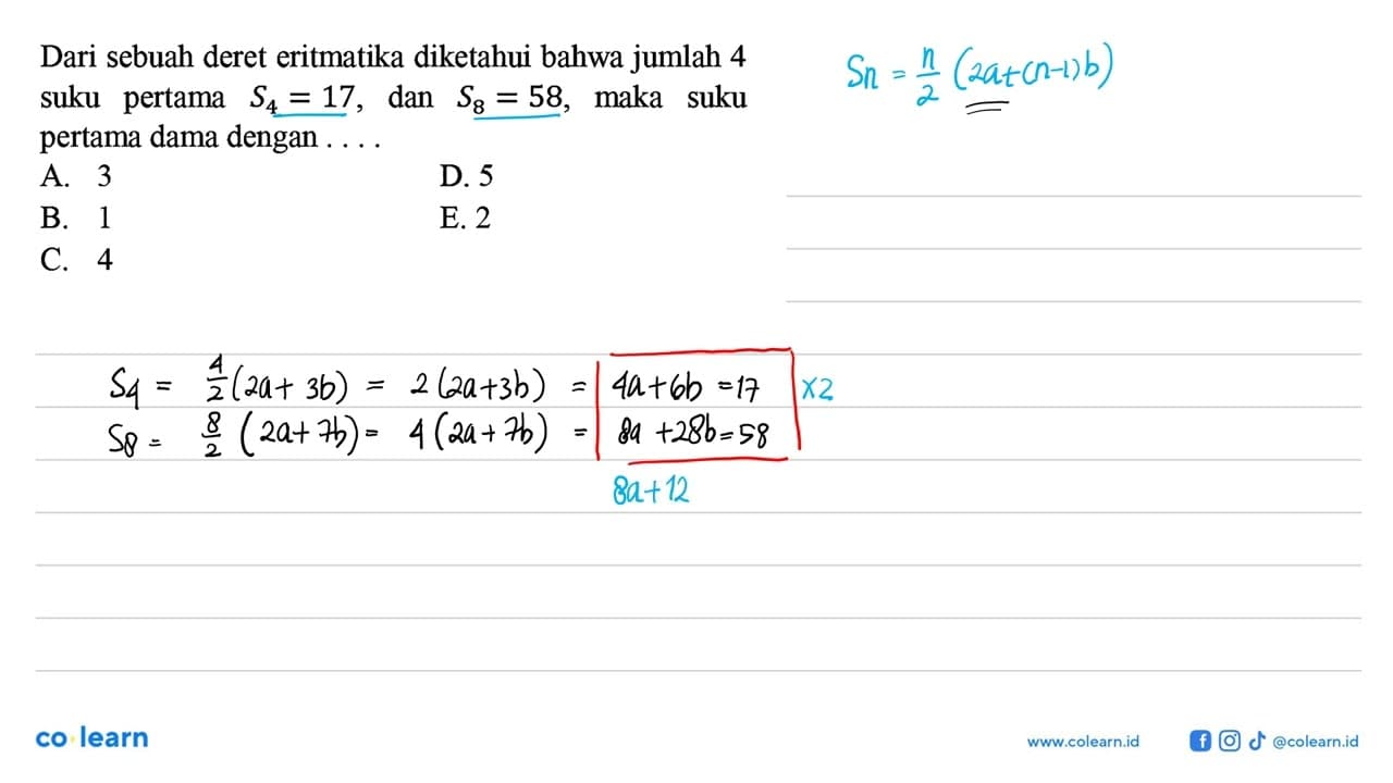 Dari sebuah deret eritmatika diketahui bahwa jumlah 4 suku