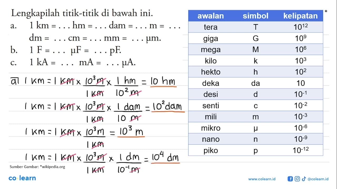 Lengkapilah titik-titik di bawah ini. a. 1 km=...hm=