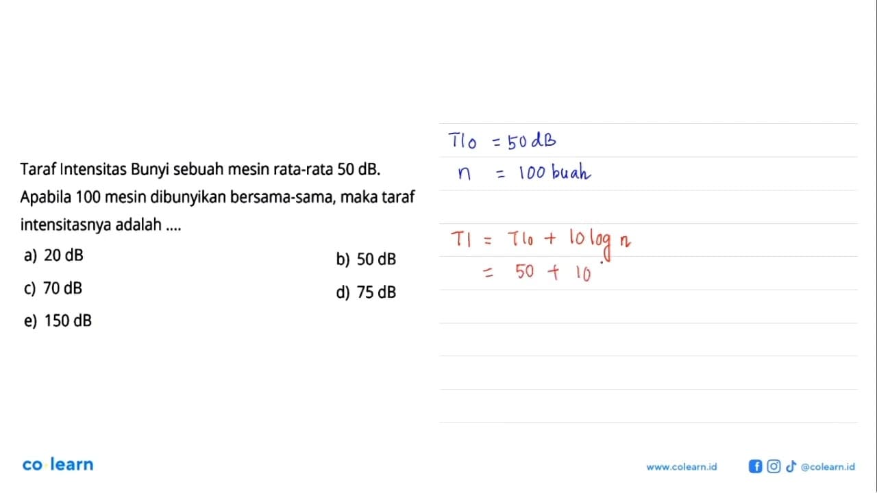 Taraf Intensitas Bunyi sebuah mesin rata-rata 50 dB.