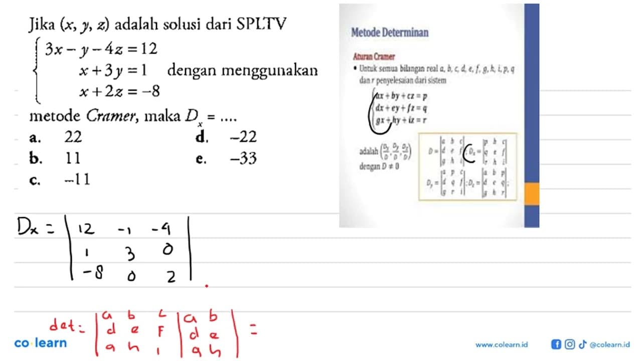 Jika (x, y, z) adalah solusi dari SPLTV 3x-y-4z=12 x+3y=1