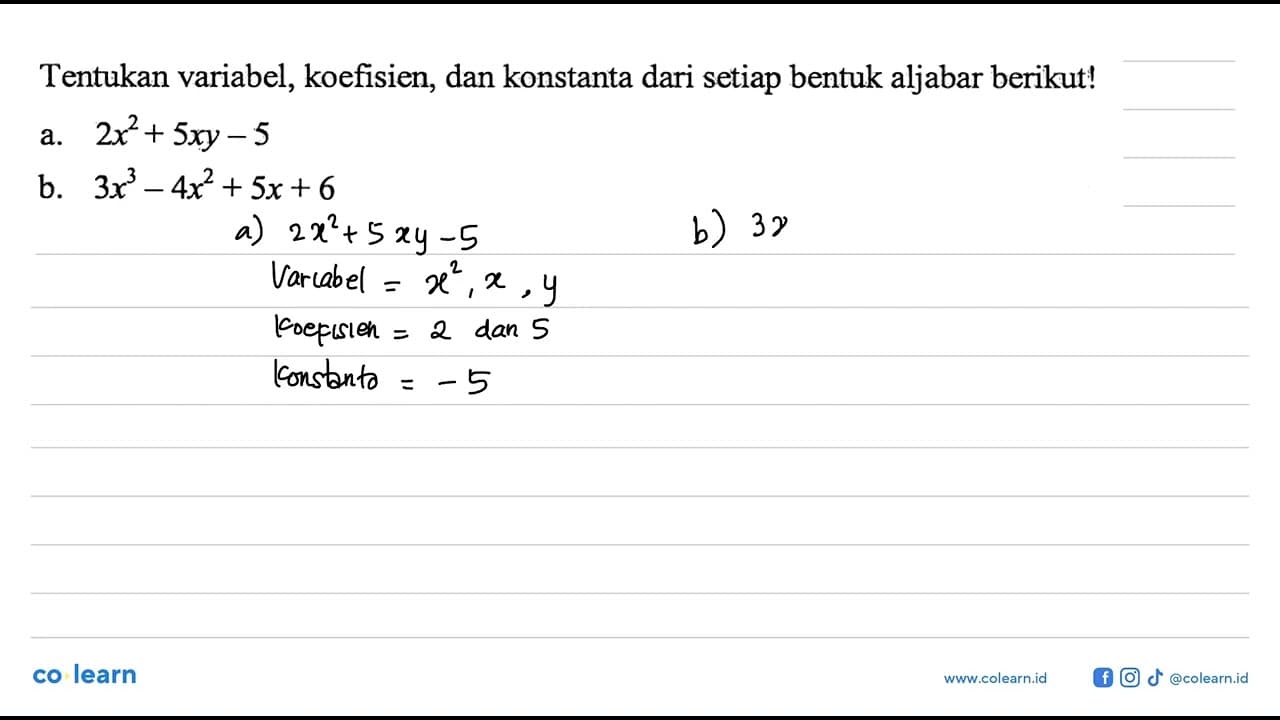 Tentukan variabel, koefisien, dan konstanta dari setiap