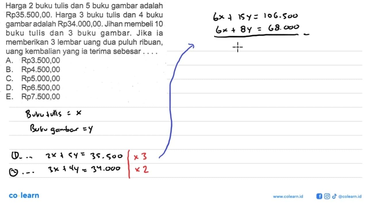 Harga 2 buku tulis dan 5 buku gambar adalah Rp35.500,00.