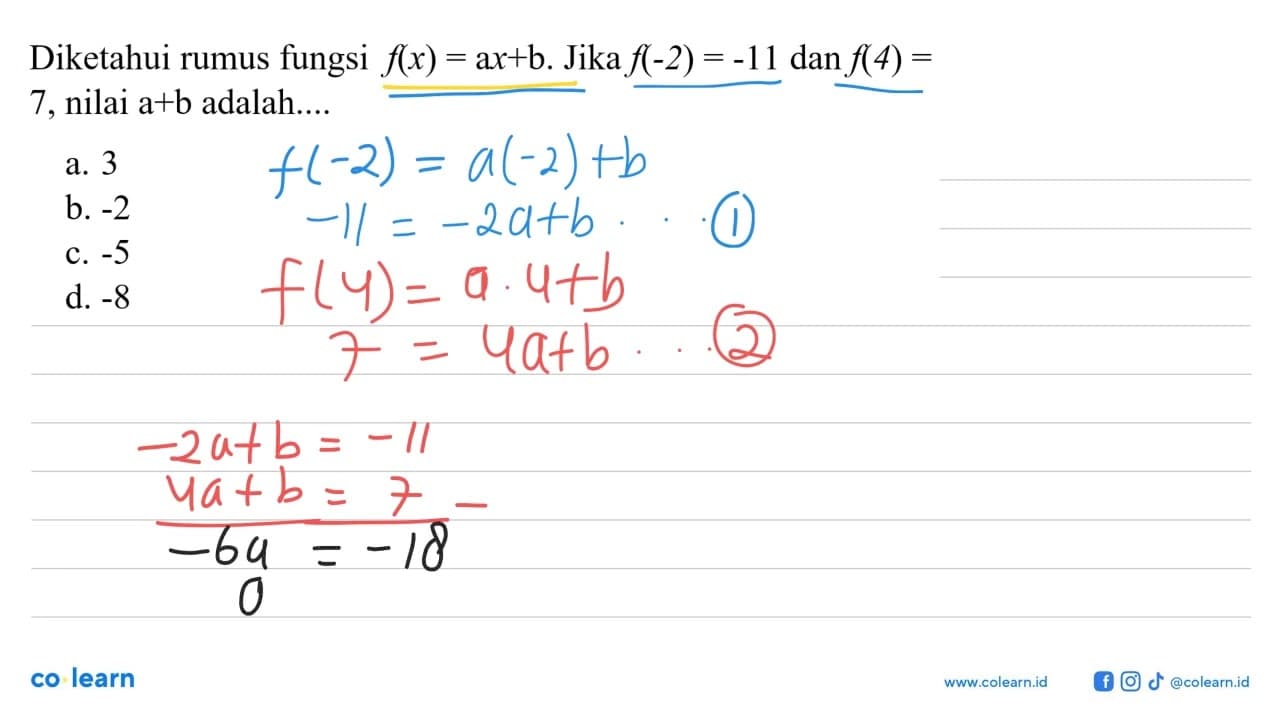 Diketahui rumus fungsi f(x)=ax+b. Jika f(-2)=-11 dan