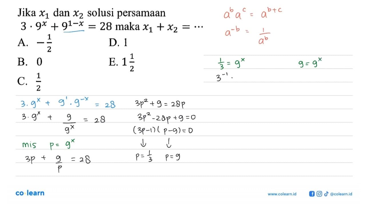 Jika x1 dan x2 solusi persamaan 3.9^x+9^(1-x)=28 maka